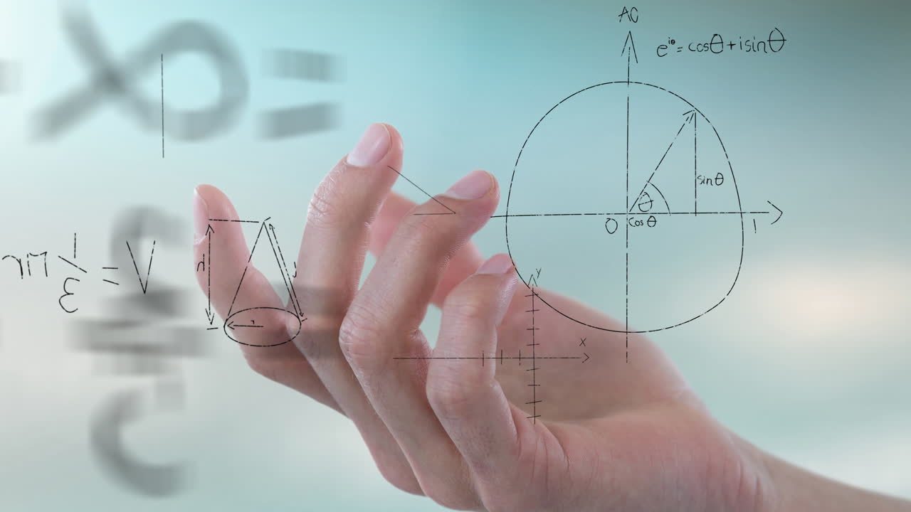 Animation of mathematical equations floating over close up of a hand against gradient background