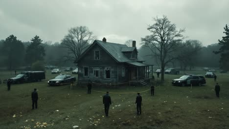 Law enforcement personnel cordoning off vintage residential property with yellow barrier tape, processing potential criminal investigation site
