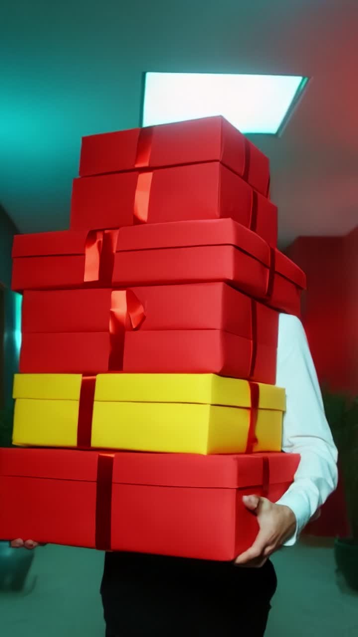 A person carries a towering stack of colorful gift boxes, predominantly red with a yellow box at the bottom, navigating a stylish corridor illuminated with contrasting light tones