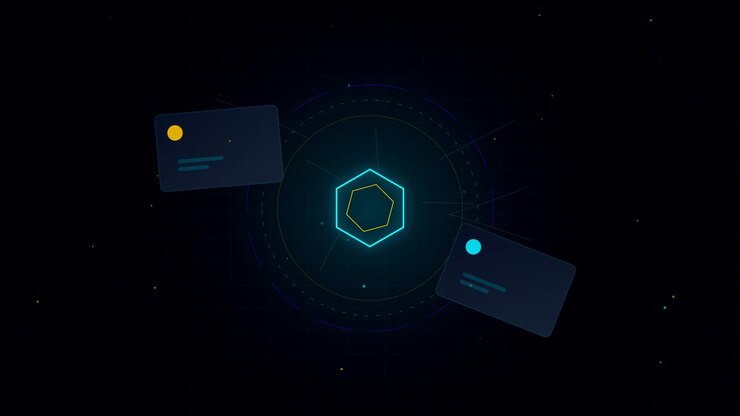 Interface digital abstrata com hexágono brilhante e cartões de dados flutuantes