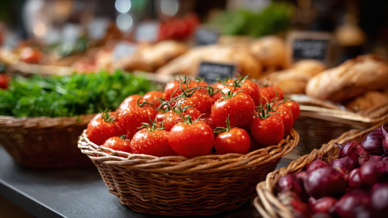 A Vibrant Display of Fresh Tomatoes in Rustic Baskets Surrounded by Lush Green Herbs and Artisan Bread, Capturing the Essence of a Bustling Market Scene