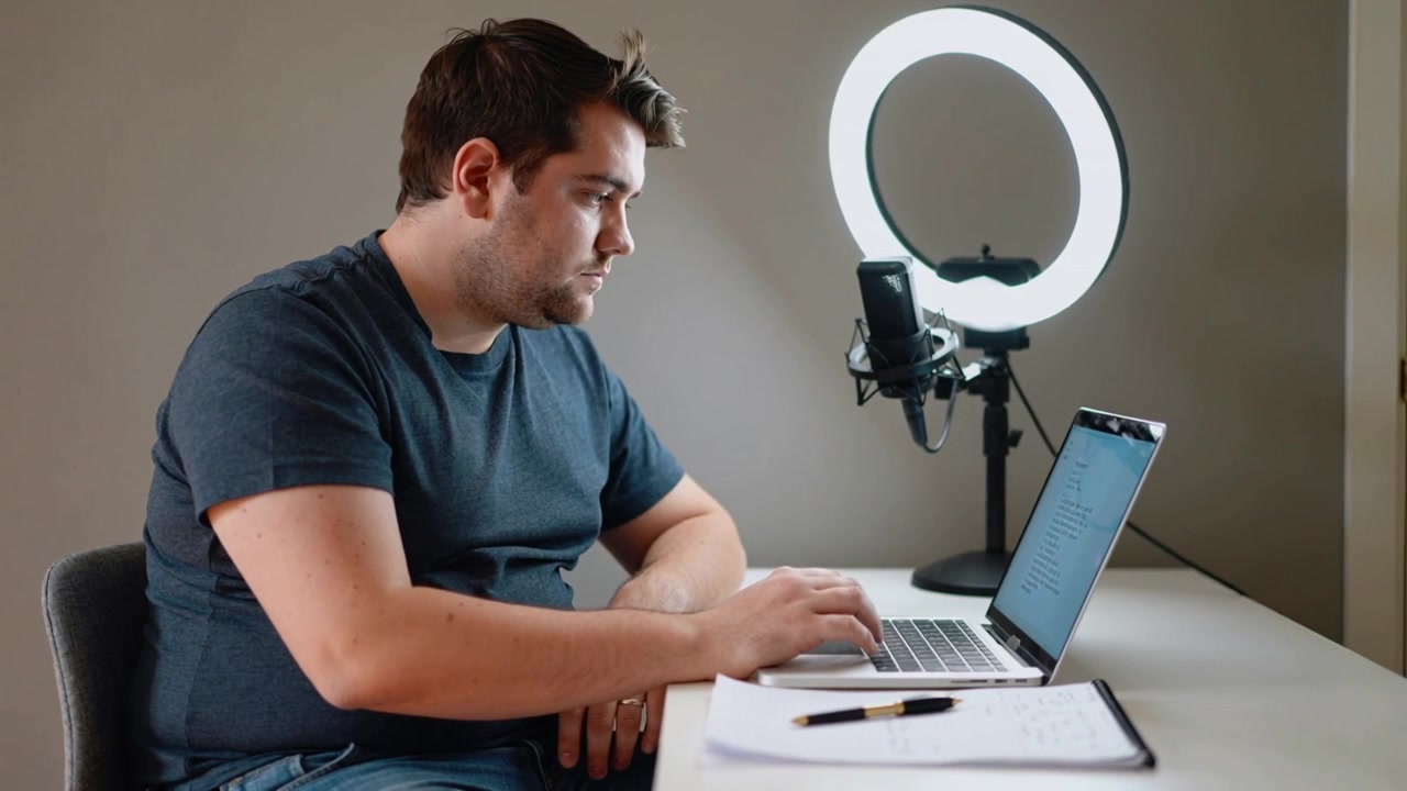 Pria mengetik, mengenakan kaus dan celana jins, laptop menyala di rumah, membuat konten dengan ring light dan mikrofon