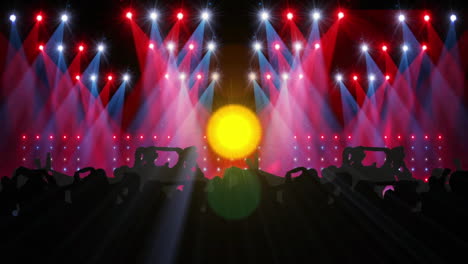 Animation-of-silhouette-crowd-dancing-at-music-concert-against-illuminated-stage-lights