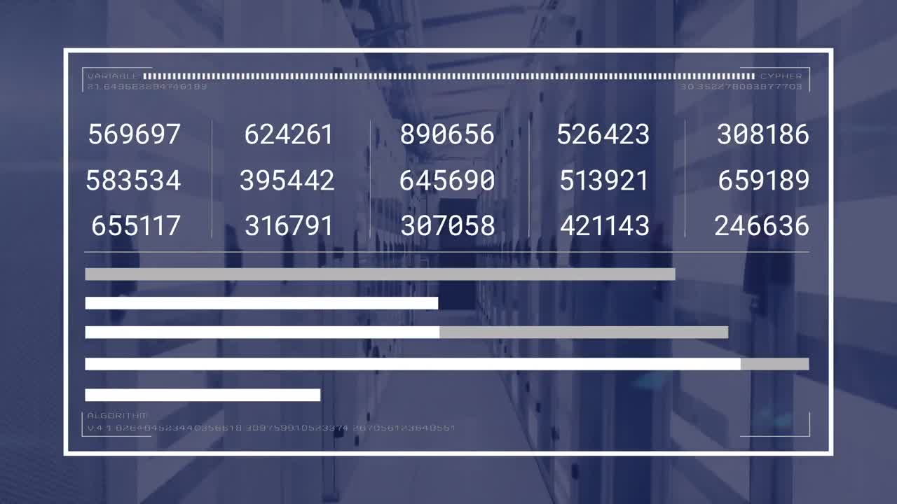 animación de la interfaz con procesamiento de datos y senderos de luz contra la sala de servidores de computadoras.