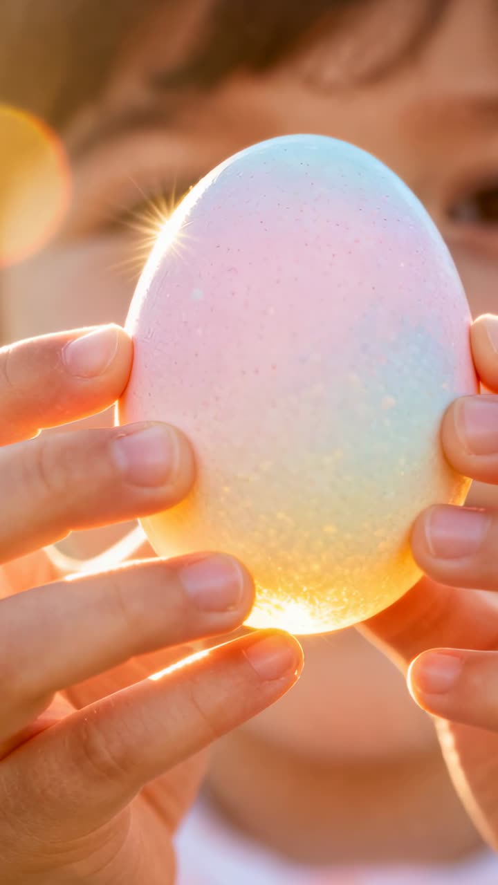 Vertical video: Holding iridescent egg child in tee aligning to sunlight outdoors, making warm glow