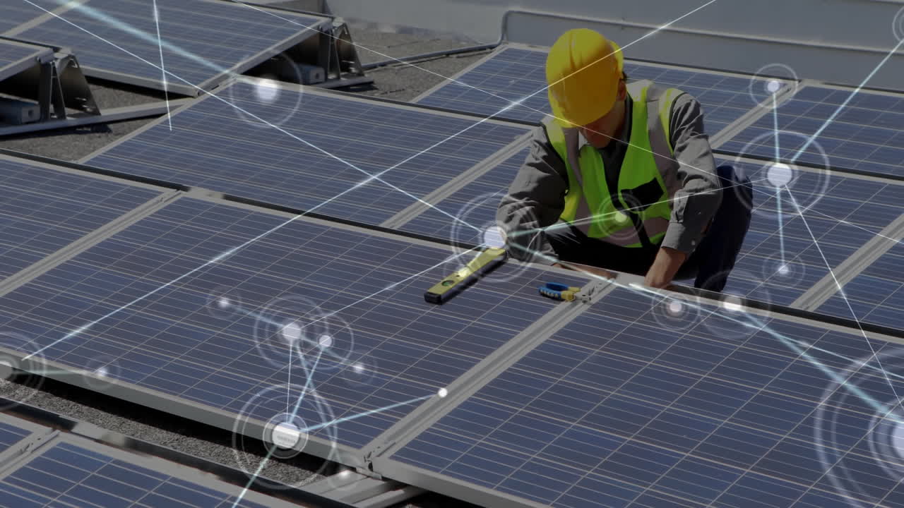 Technician installing solar panels with network connections animation over scene