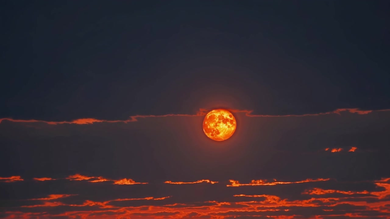 Lua cheia vermelha surgindo através de nuvens escuras à noite