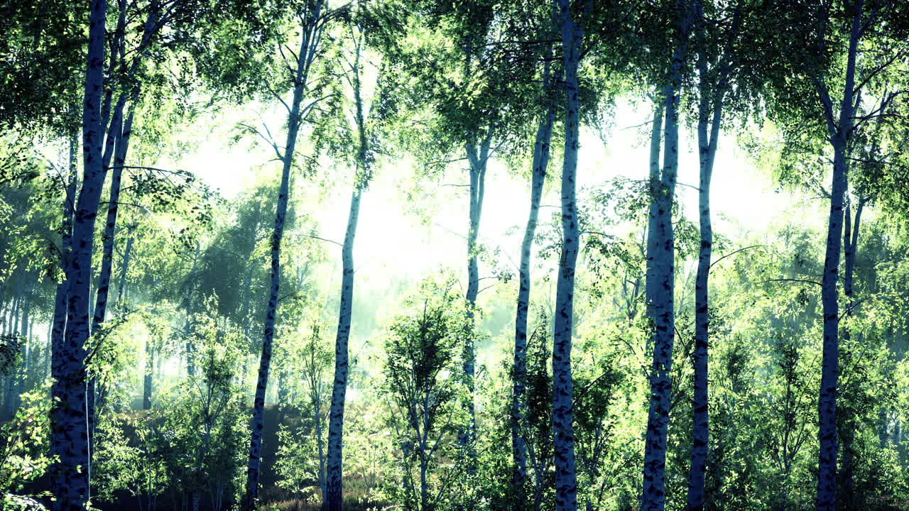 Panorama of birch forest with sunlight