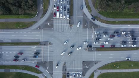 Large-crossroad-intersection-in-city-center-of-Reykjavik,-Iceland,-top-down