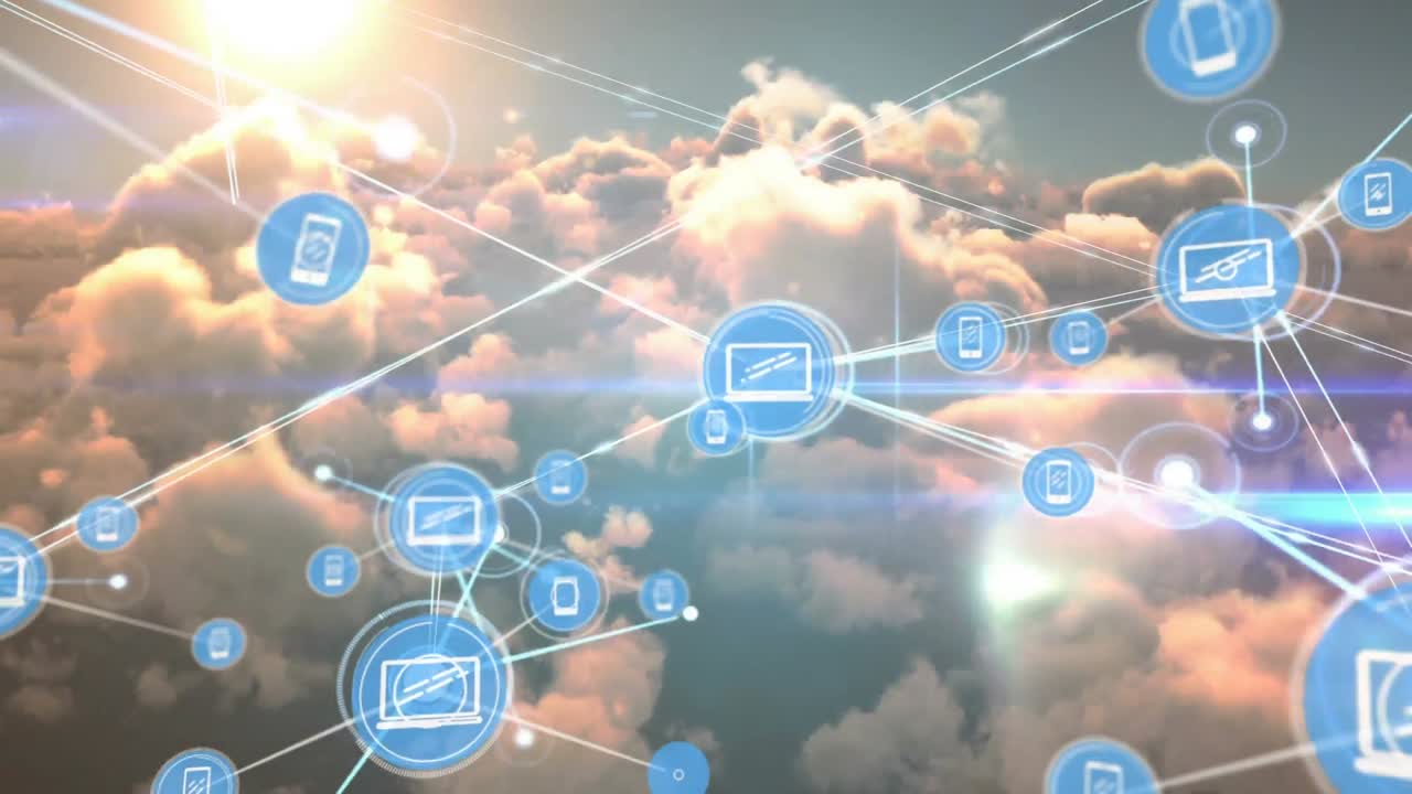 animación de la red de conexiones con iconos sobre nubes en el cielo