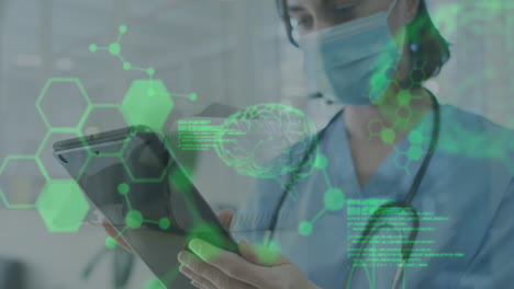 animación de lenguaje informático, cerebros, mujer médica caucásica usando máscara usando tableta digital