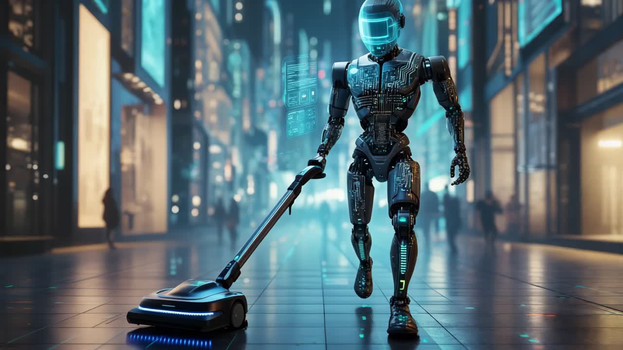 robot limpiando una calle de la ciudad futurista