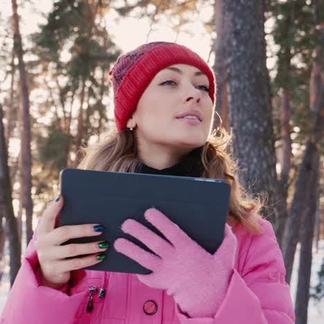 Junge-Frau-Verwendet-Ein-Tablet-Mit-Der-GPS-Navigation-In-Verschneiten-Wäldern-1