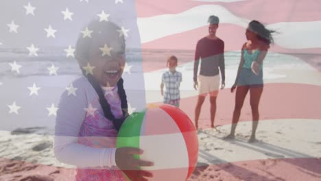 Animation-of-flag-of-united-states-of-america-over-biracial-couple-with-son-and-daughter-on-beach