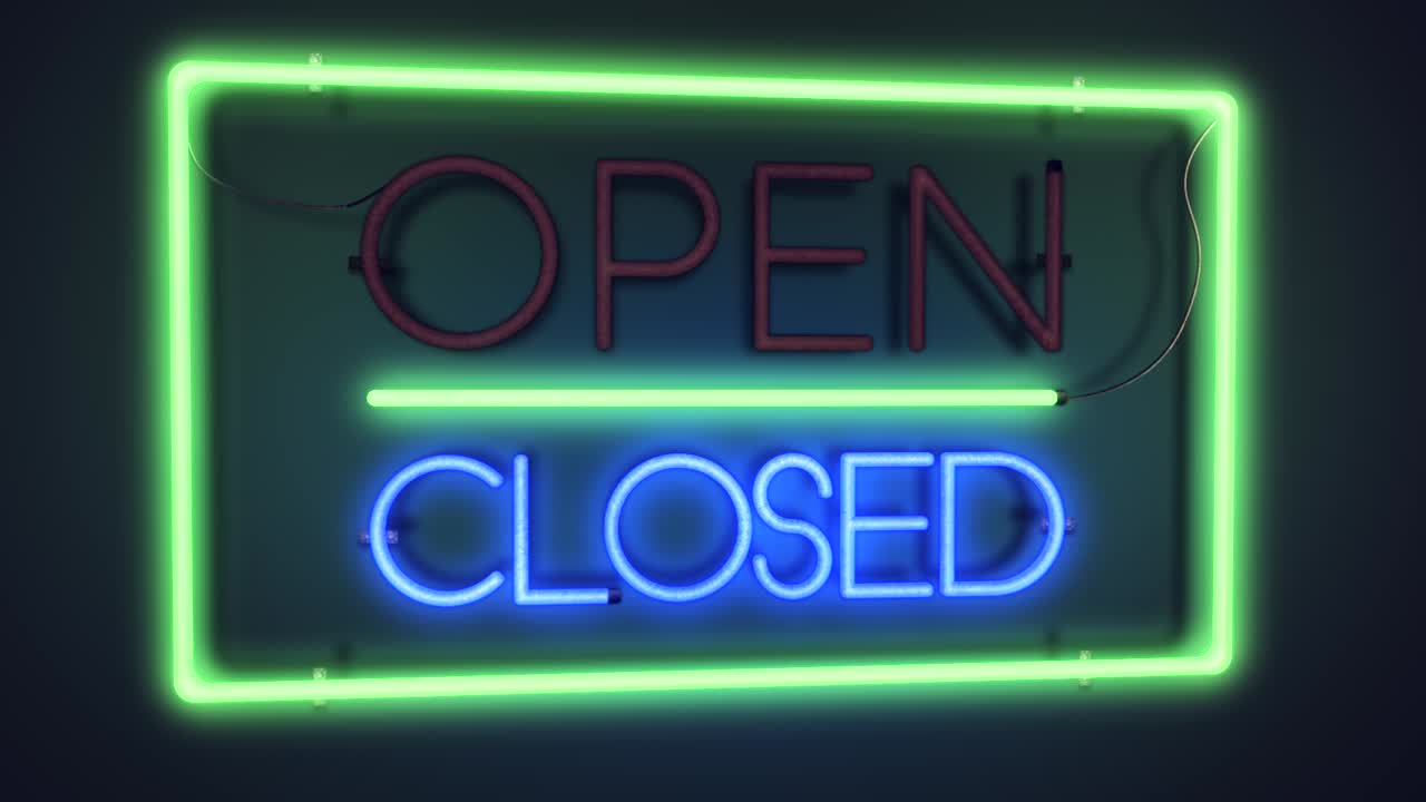 Realistic 3D render of a vivid and vibrant animated flashing neon sign, with the word Open illuminated, then blinking off and the word Closed illuminating, with a plain background