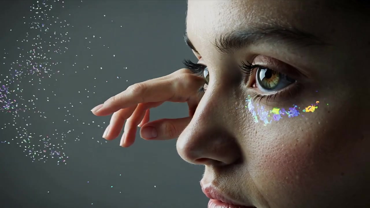 Reaching woman's bare hand scattering particles in grey studio, revealing glitter under eye