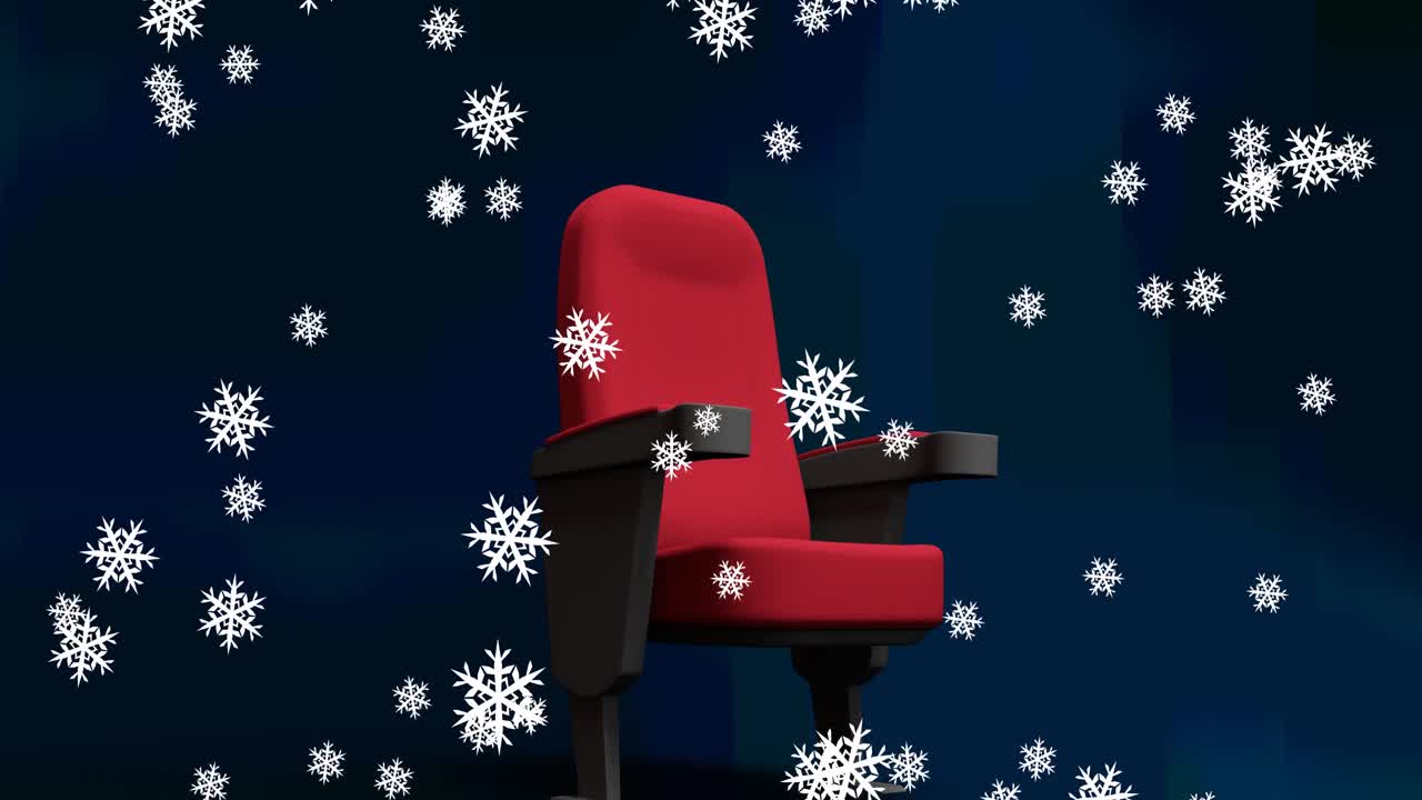 анимация снега, падающего над одиночным красным кинотеатром