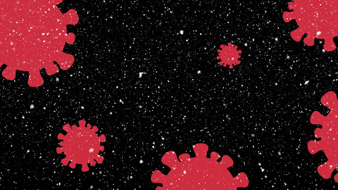animación de células rojas de covid 19 moviéndose sobre paisajes de invierno nieve cayendo sobre fondo negro