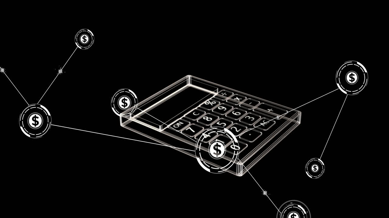 화폐의 애니메이션 미국 달러 기호, 검은색 배경에 연결 및 계산기