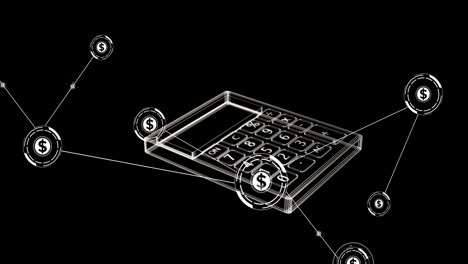 animation of currency american dollar symbol, connections and calculator on black background