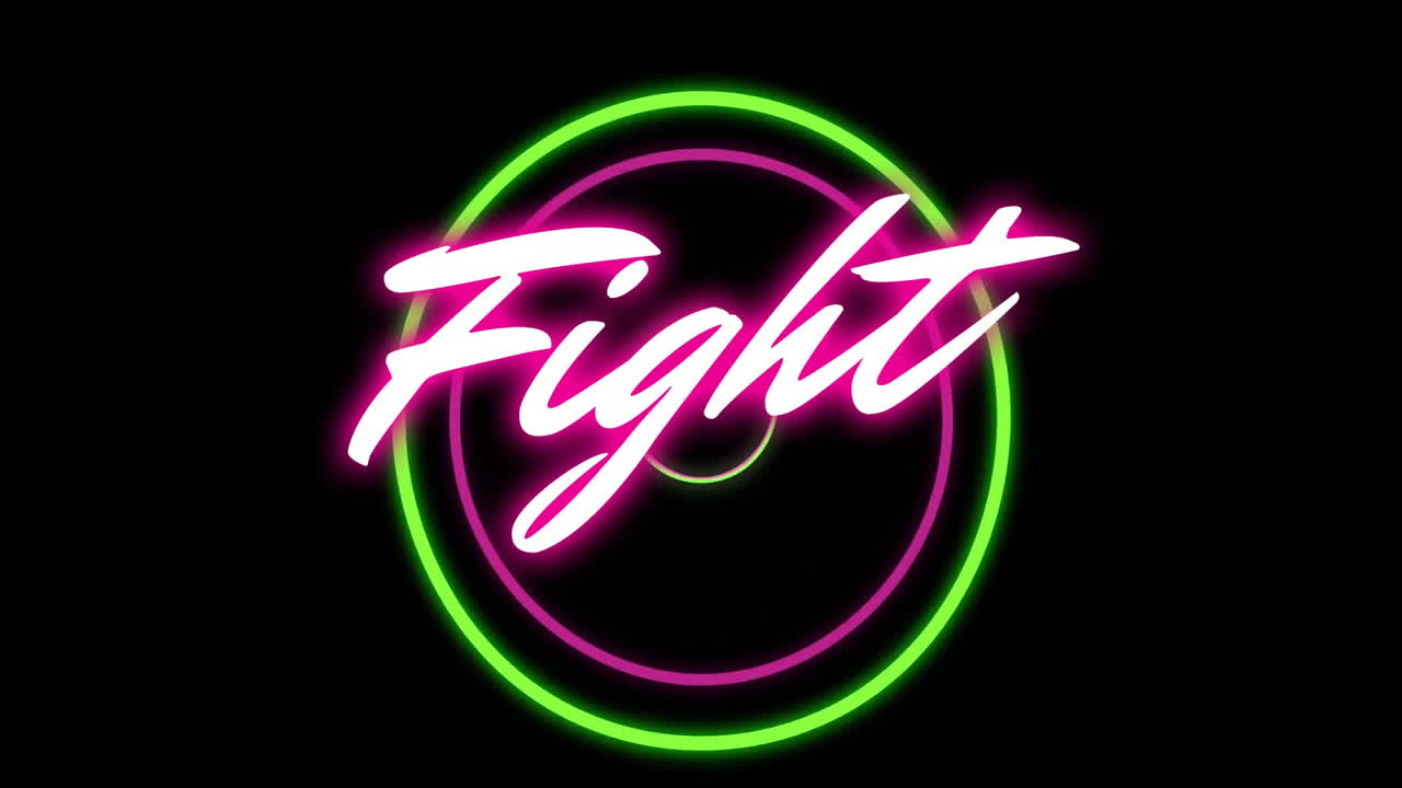 Glowing neon pink Fight text with green circle animation over black background