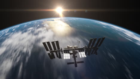 International-Space-Station-Orbiting-Earth-in-Space-during-Sunset-Time-Lapse---SpaceX---NASA-Research---Sun,-Earth,-ISS-Satellite-View-Low-Orbit---3D-Model-by-NASA---4K