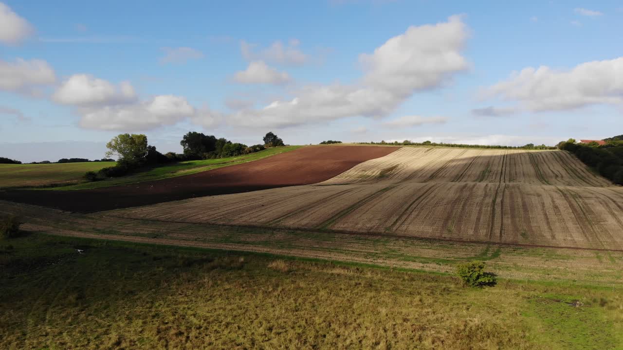 Aerial view of golden fields with brown mold close to Sejerøbugten in Odsherred