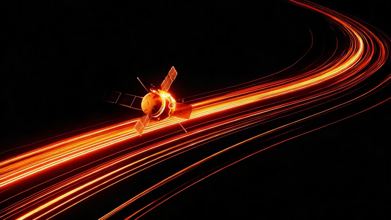 Futuristic satellite flying at high speed through the vast emptiness of space, leaving a long trail of vibrant orange light streaks that elegantly curve across the dark cosmic backdrop