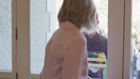 delivery man wearing face mask delivering groceries to senior woman at home