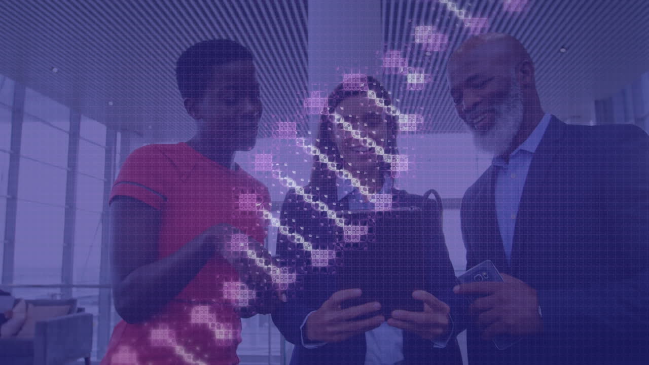 Animation of dna over diverse coworkers in office