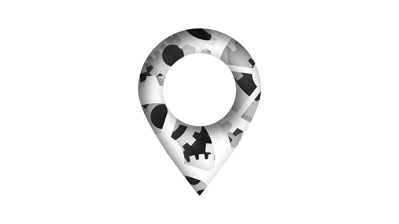 símbolo de alfiler - marcando la posición en el mapa concepto abstracto de posición con engranajes en movimiento en el fondo