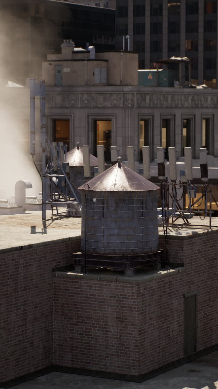 un primer plano de un tanque de agua en un techo de una ciudad