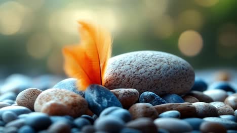 feather on smooth stones. a vibrant orange feather lies gently on a cluster of smooth stones by a tranquil body of water during soft daylight.