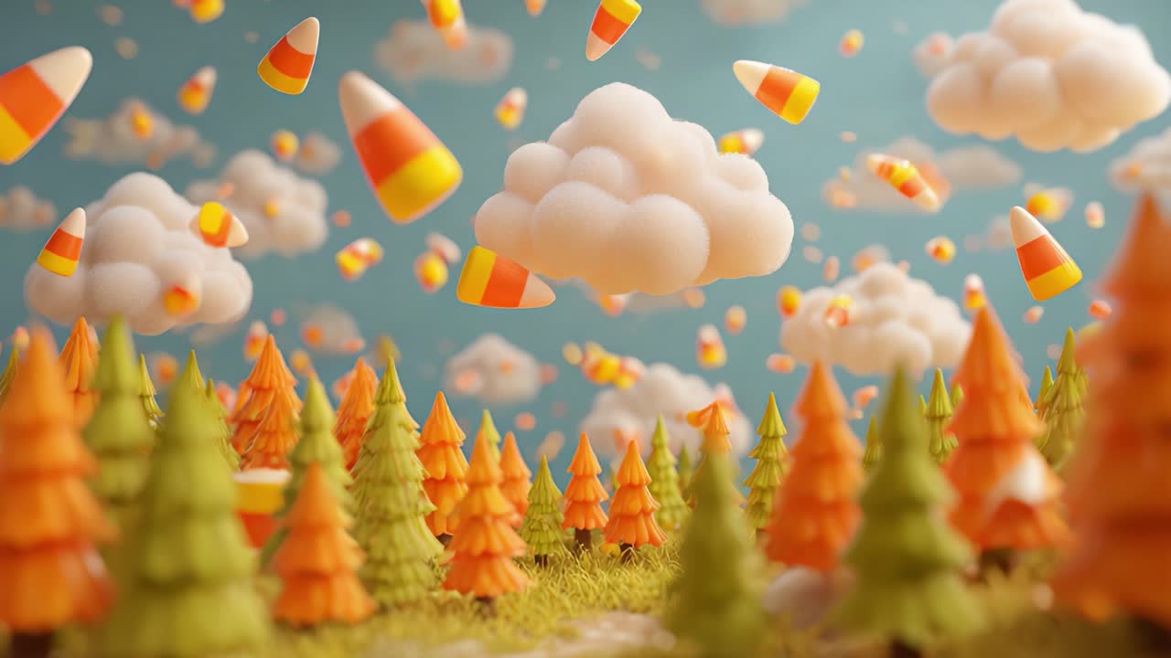 A Whimsical Forest Scene with Colorful Candy Corn Floating Amongst Vibrant Trees and Fluffy Clouds in a Cheerful Autumn Atmosphere