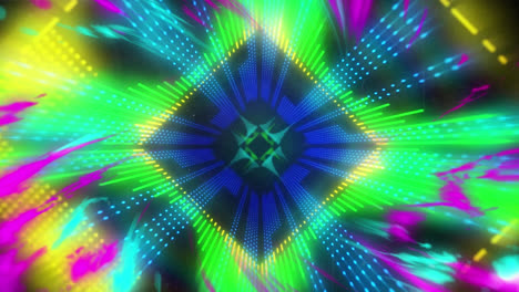 Animation-of-kaleidoscopic-glowing-shapes-over-black-background