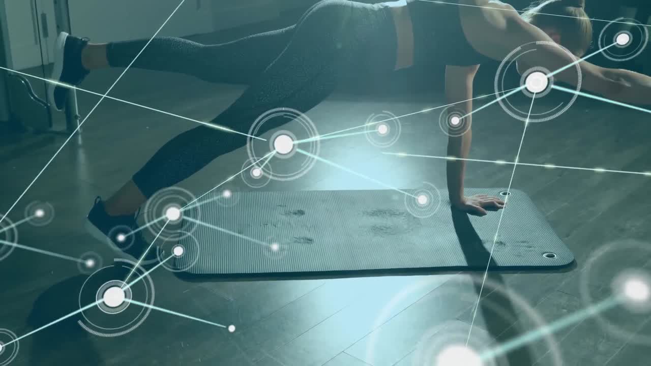 체육관 에서 보드 를 연습 하는 백인 여자 위 에 있는 선 으로 연결 된 점 들 의 애니메이션