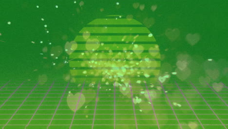 animación de la cuadrícula y los corazones que caen y el sol sobre fondo verde