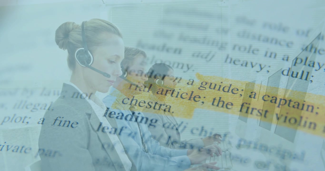 Frames moving showing call-center agents typing, consulting highlighting overlay while chart rising