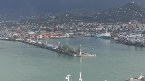 Cinematic daytime drone footage of Batumi port on the Black Sea.