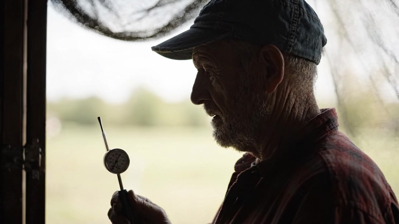 Un uomo anziano pensieroso che tiene in mano un dispositivo in penombra, mentre contempla il paesaggio naturale sullo sfondo, vestito con abiti casual da campagna