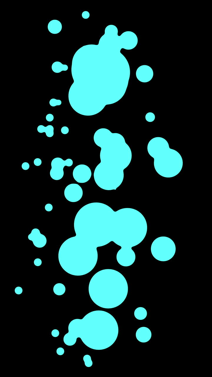 Taches liquides cyan abstraites en expansion et contraction sur fond noir