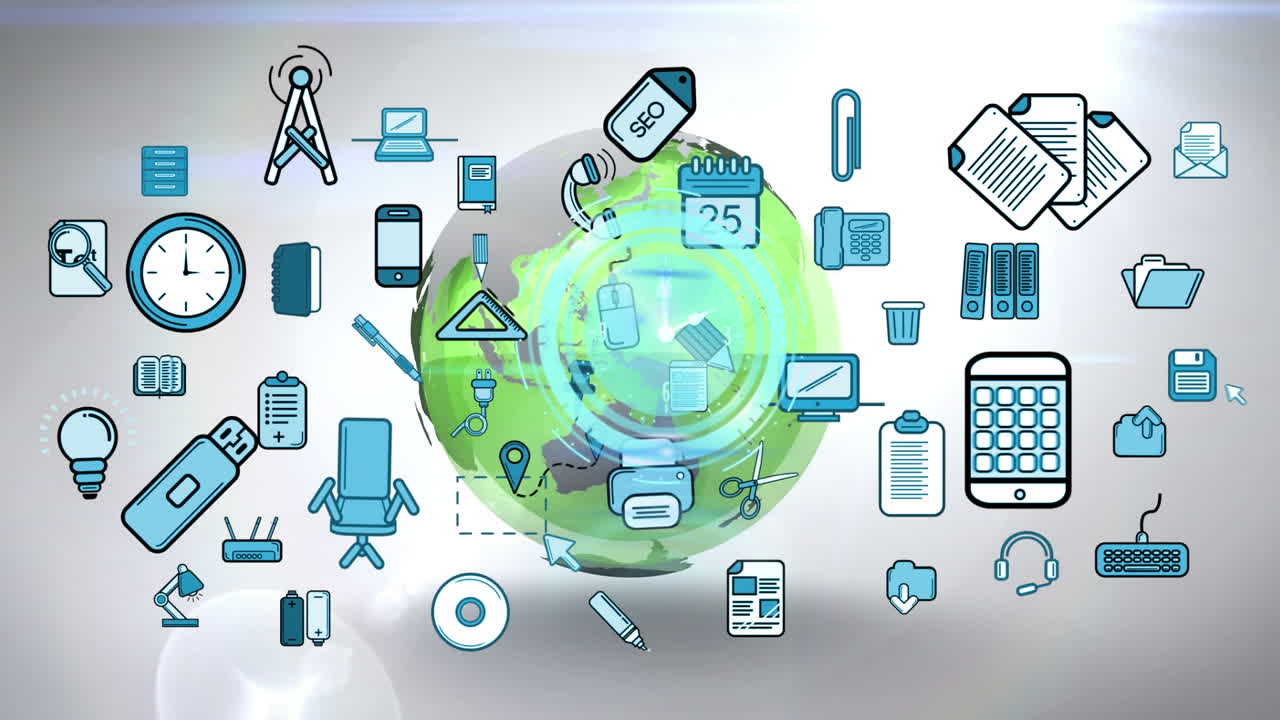 animación del globo terráqueo, el reloj y diversos iconos sobre fondo negro