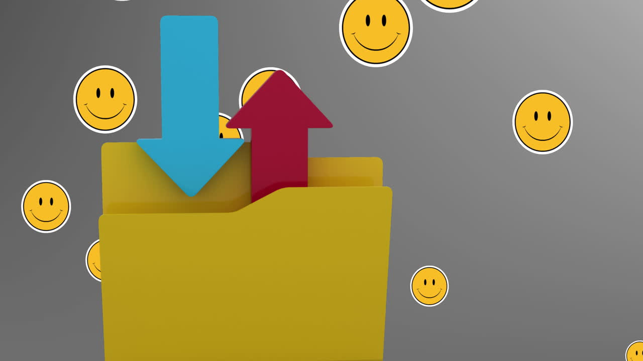 회색 배경의 업로드 및 다운로드 아이콘에 대해 떠다니는 여러 얼굴 이모지