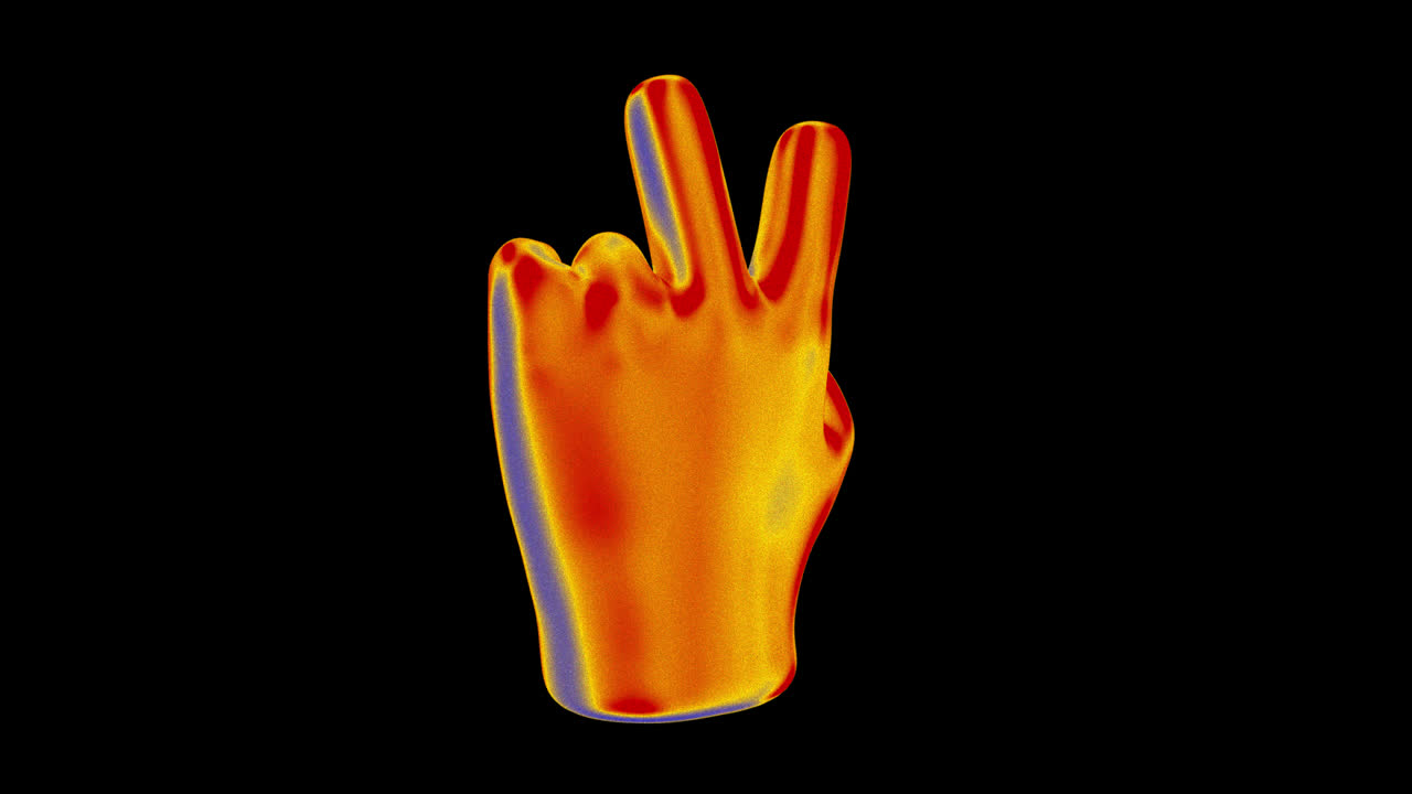 3D-renderet hånd der laver fredstegn med termisk farveeffekt