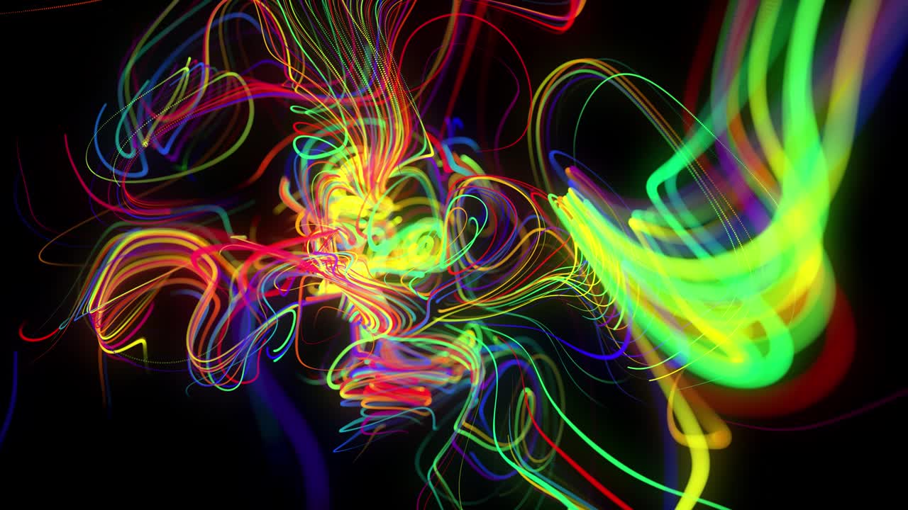 el flujo de fondo abstracto de líneas de brillo o rayas de luz. las partículas de luces en funcionamiento se forman en el espacio 3d brillando hermosas líneas curvas como una bola de alambres quemándose con luz de neón. hermoso bg creativo.