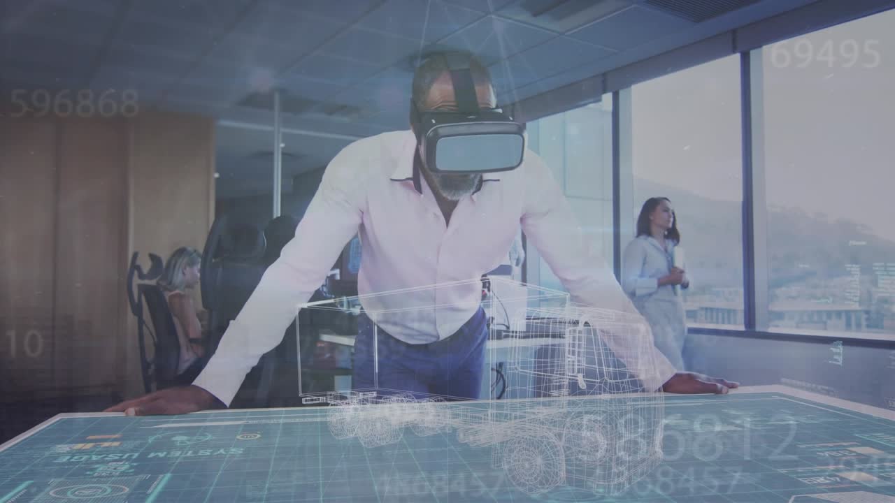 Animation of 3d truck model against african american businessman wearing vr headset at office