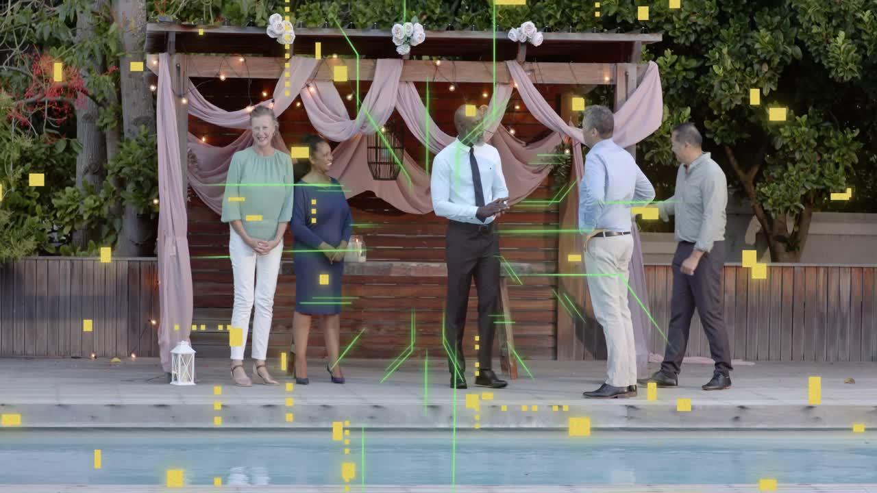 Man holding box initiating handshake by pool, group posing, green yellow overlays promoting event