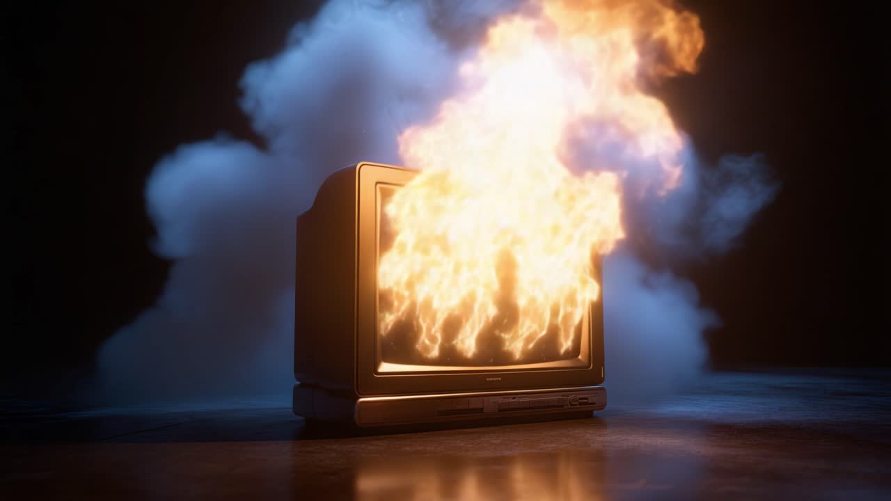Et vintage fjernsyn opslugt af flammer og røg, der skaber et dramatisk visuelt udtryk af ild og teknologi i fantastiske højkonstrastbilleder.