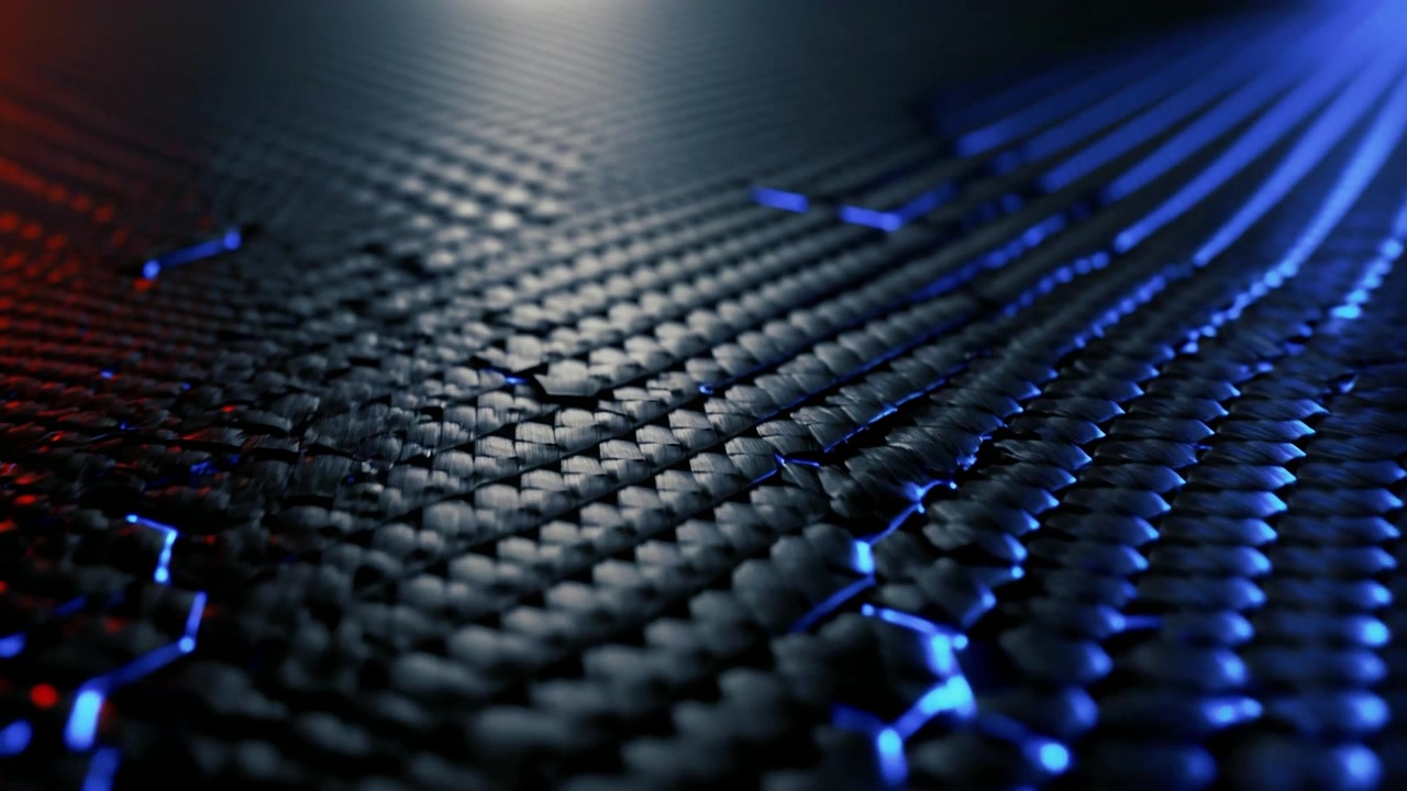 Abstract Carbon Fiber Surface with Glowing Blue Hexagonal Circuitry