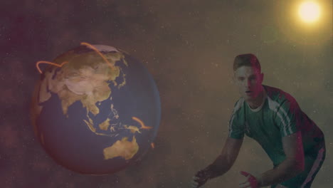 in space, man in sportswear playing with animated earth and glowing sun